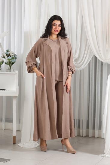 طقم نسائي كاجوال سادة 3 قطع جاكيت طويل