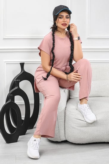ترنج نسائي كاجوال ريب سادة تيشرت طويل ربع كم وبنطال عريض