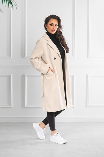 جاكيت شتوي رسمي طويل مزدوج الصدر بياقة مطوية وجيوب جانبية