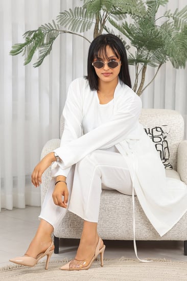 طقم نسائي كاجوال سادة 3 قطع جاكيت طويل مزود بحزام