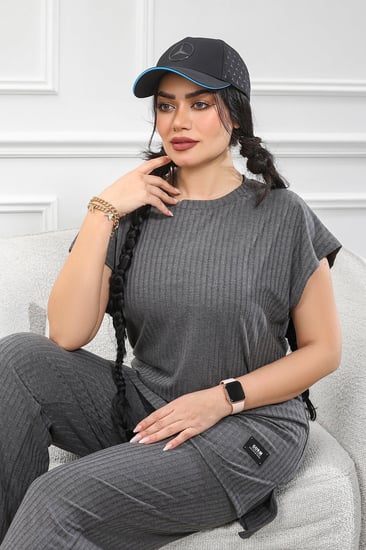 ترنج نسائي كاجوال ريب سادة تيشرت طويل ربع كم وبنطال عريض