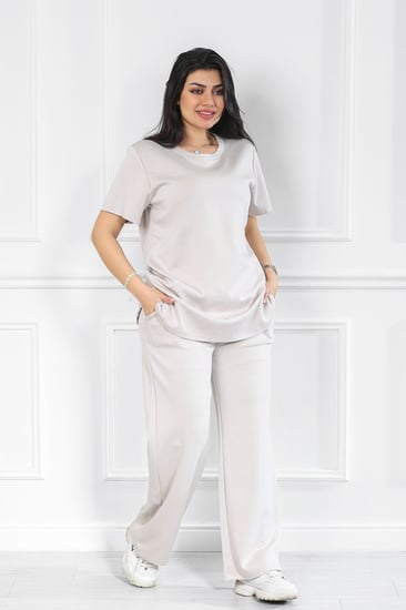 ترنج نسائي كاجوال سادة تيشرت طويل وبنطال عريض