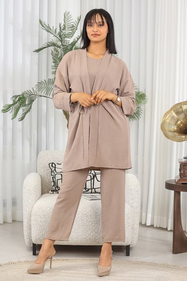 طقم نسائي كاجوال سادة 3 قطع جاكيت طويل مزود بحزام