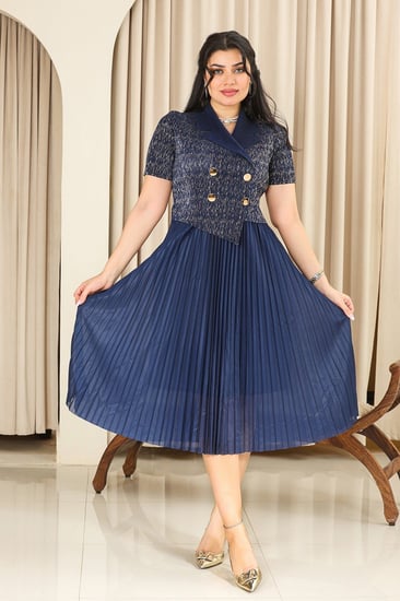 فستان كلاسيكي مكسر نصف كم بلونين