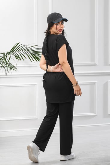 ترنج نسائي كاجوال ريب سادة تيشرت طويل ربع كم وبنطال عريض