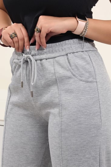 بنطال كاجوال نسائي بأرجل واسعة وخصر مرتفع مزين بخط