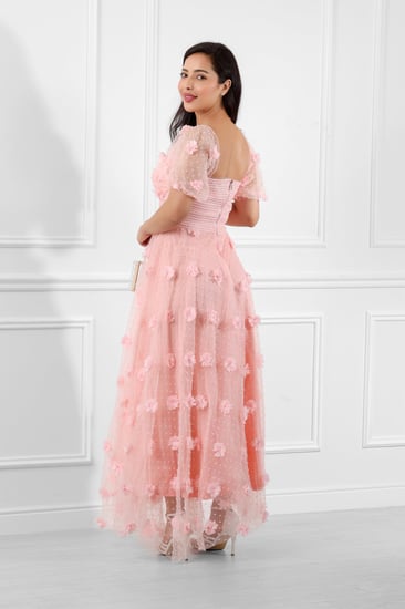 فستان سهرة طويل منفوش بأكمام شيفون قصيرة مزين بالورود