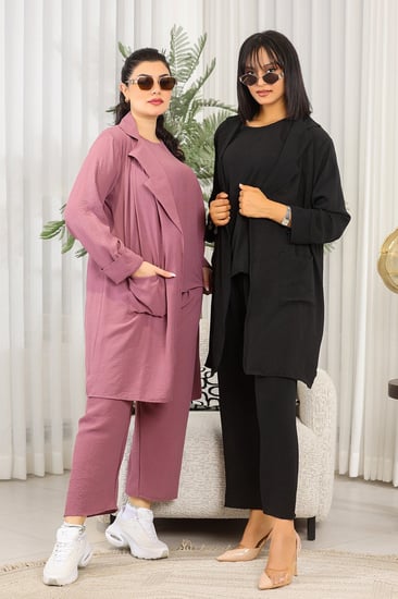 طقم نسائي كاجوال سادة 3 قطع جاكيت طويل مزود بجيب