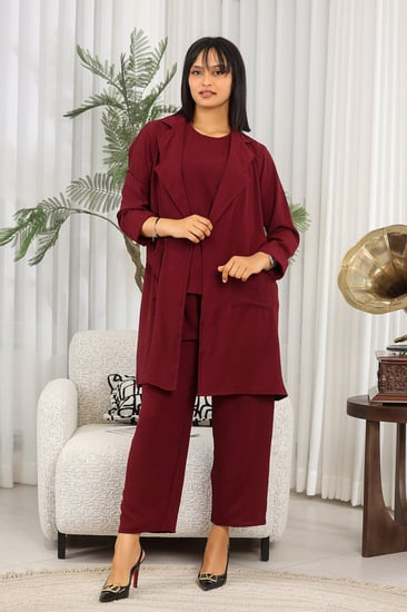 طقم نسائي كاجوال سادة 3 قطع جاكيت طويل مزود بجيب