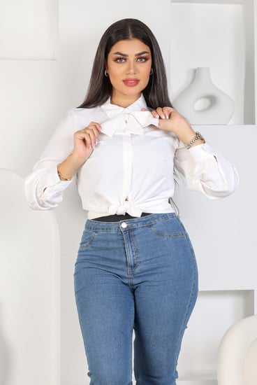قميص نسائي طويل الأكمام مع ربطة عنق
