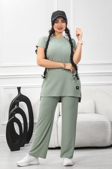 ترنج نسائي كاجوال ريب سادة تيشرت طويل ربع كم وبنطال عريض