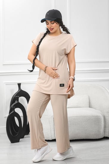 ترنج نسائي كاجوال ريب سادة تيشرت طويل ربع كم وبنطال عريض