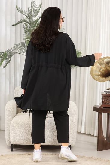 طقم نسائي كاجوال سادة 3 قطع جاكيت طويل مزود بحزام