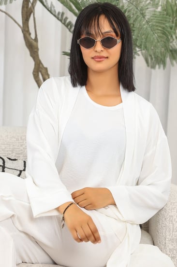 طقم نسائي كاجوال سادة 3 قطع جاكيت طويل مزود بحزام