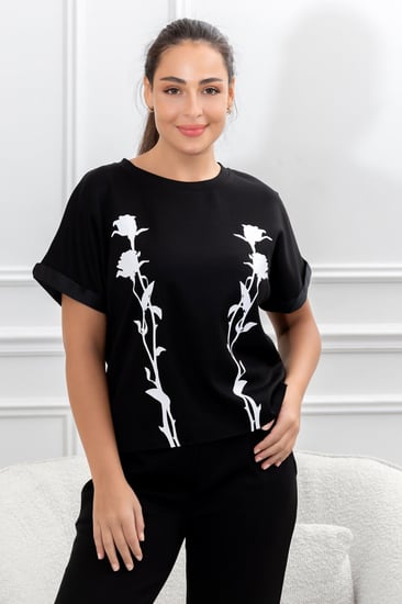 ترنج نسائي كاجوال طبي بنطال مع تيشيرت قطن بطبعة زهور