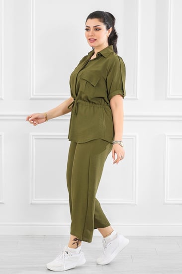 طقم نسائي كاجوال سادة بأكمام متوسطة الطول مزموم على الخصر