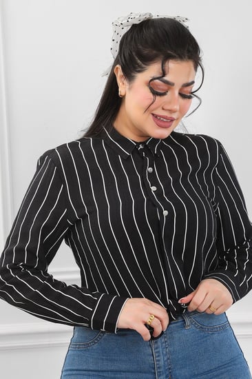 قميص نسائي بأكمام طويلة مخطط بشكل طولي