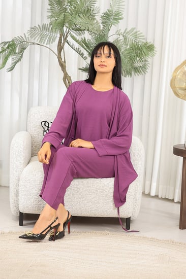 طقم نسائي كاجوال سادة 3 قطع جاكيت طويل مزود بحزام