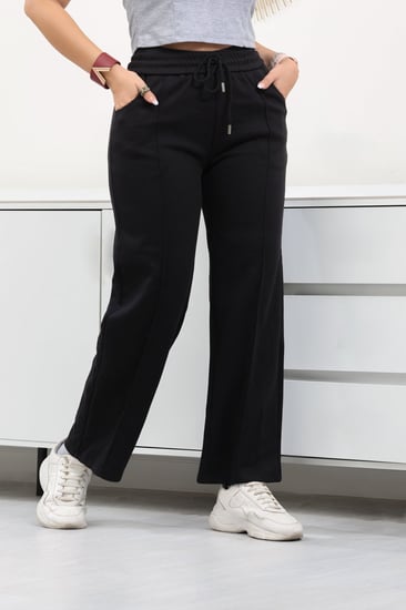بنطال كاجوال نسائي بأرجل واسعة وخصر مرتفع مزين بخط