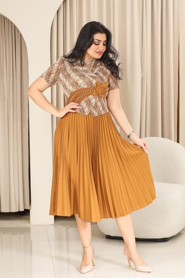 فستان كلاسيكي مكسر نصف كم بلونين