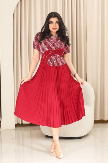 فستان كلاسيكي مكسر نصف كم بلونين