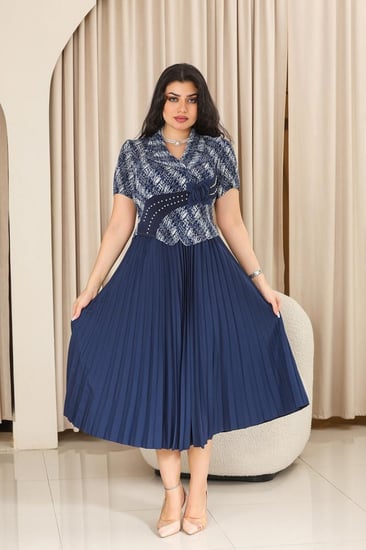 فستان كلاسيكي مكسر نصف كم بلونين