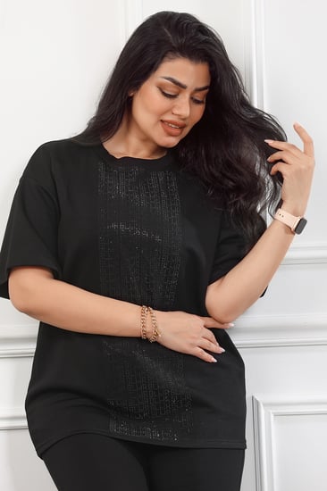 ترنج نسائي كاجوال تيشرت بأكمام متوسطة الطول مزين بالستراس اللامع وبنطال سادة ضيق من الاسفل