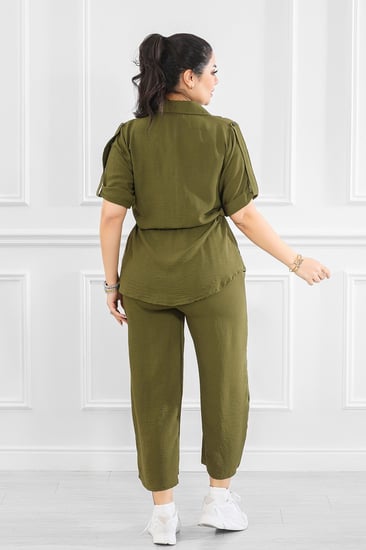 طقم نسائي كاجوال سادة بأكمام متوسطة الطول مزموم على الخصر