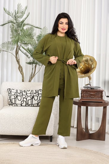طقم نسائي كاجوال سادة 3 قطع جاكيت طويل مزود بحزام