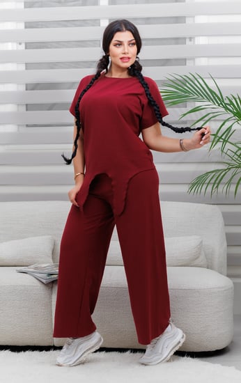 طقم نسائي كاجوال سادة توب نص كم مزين بربطة أمامية وبنطال واسع