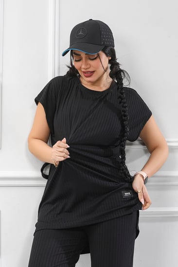 ترنج نسائي كاجوال ريب سادة تيشرت طويل ربع كم وبنطال عريض