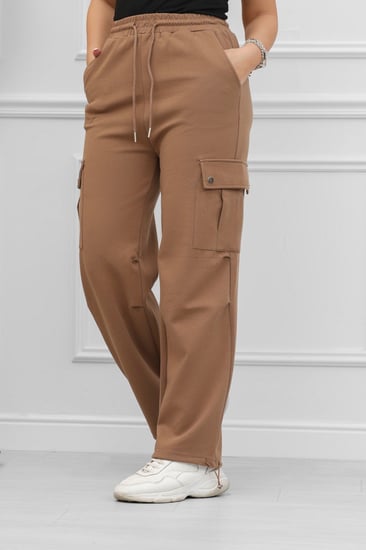 بنطال كاجوال نسائي قطني مزود بجيوب وخصر مطاطي