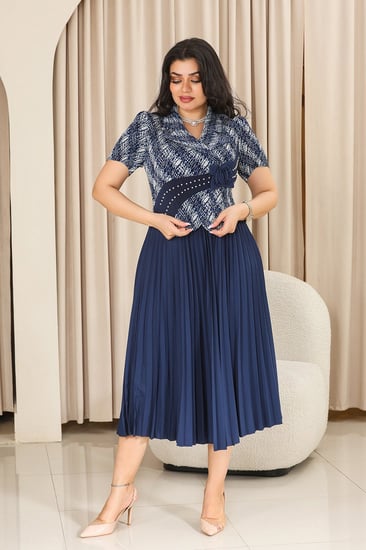 فستان كلاسيكي مكسر نصف كم بلونين