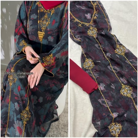 شيفون مشجر شغل يدوي خرز مع شيله ساده (بدون بطانه)