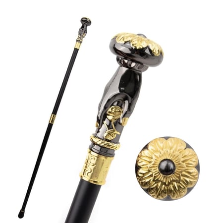 عكاز ذهبي واسود بشكل قبضة يد  مع الوردة