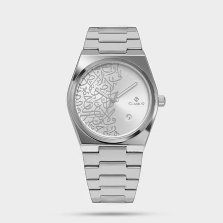 ساعة رجالية بنقش عربي باللون الابيض