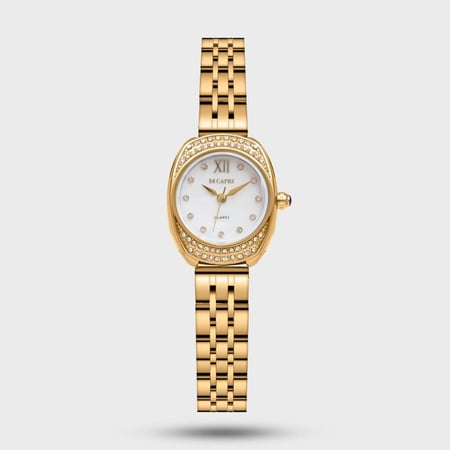 ساعة نسائية ذهبية فاخرة مع إطار مرصع وفصوص براقة مثالية للهدايا