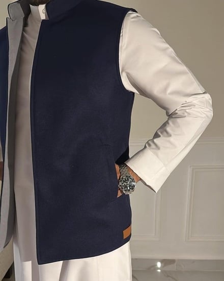 سديري رجالي جوخ دبل فيس(كحلي مع رمادي)-ازياء الشتاء-متجر لحظة تذكار