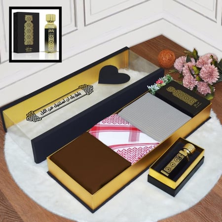 بوكس رجالي فاخر يحتوي على قماش شتوي مقلم وقماش سادة مع شماغ وعطر وتغليف مميز