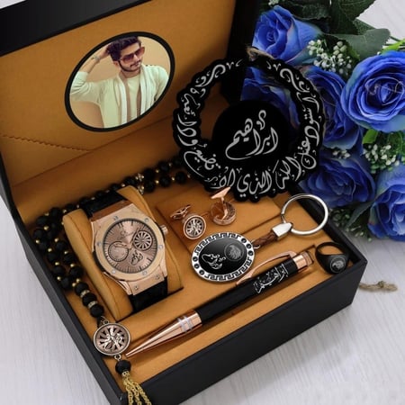 اطقم هدايا ساعات رجالية فخمة بتصميم عصري مع امكانية تصميم الإسم والصورة وكتابة عبارة حسب الطلب