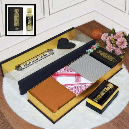 بوكس رجالي فاخر يحتوي على قماش شتوي مقلم وقماش سادة مع شماغ وعطر وتغليف مميز