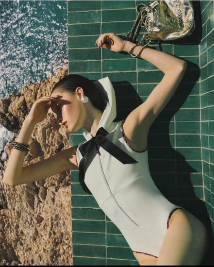 2025 مايوه شانيل جيرسي استرتش حرير أبيض CHANEL CRUISE white SWIMSUIT