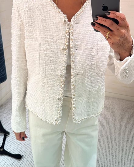 2025 Chanel white pearls tweed jacket جاكيت شانيل تويد أبيض لؤلؤي
