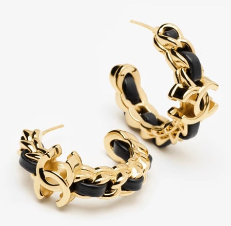 CHANEL HOOP LEATHER EARRINGS GOLD BLACK
