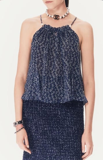 25P Chanel Blue Silk top 2025 قميص شانيل توب كحلي بنقشات شعار