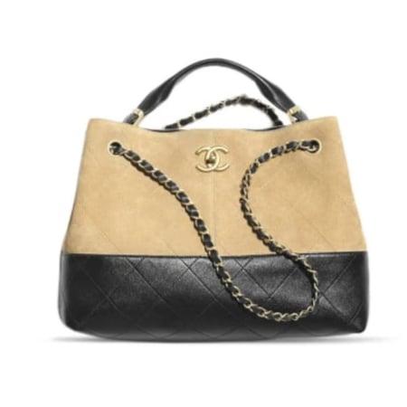 CHANEL SHOPPING BAG SUEDE SHINY LEATHER GOLD TONE METAL BEIGE BLACK