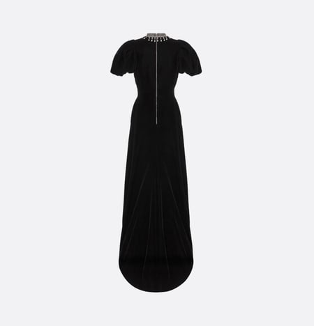 Dior Embroidered Long Dress فستان ديور مخمل طويل أسود بشك حول الرقبة
