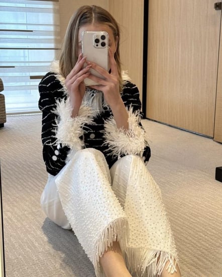 2025 Chanel Denim Embroidered Beads jeans جينز شانيل مطرز بالخرز أبيض