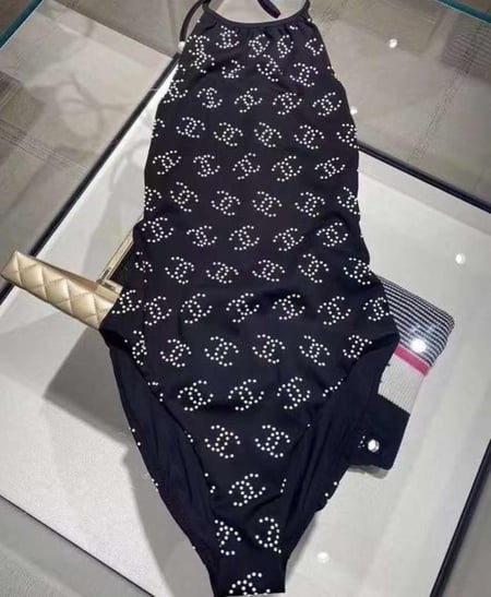 Chanel Black Swimsuit 2025 مايوه شانيل أسود بنقشات