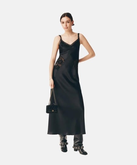 CHANEL BLACK LONG DRESS 2025 فستان شانيل أسود ساتان حريري ودانتيل مخرم